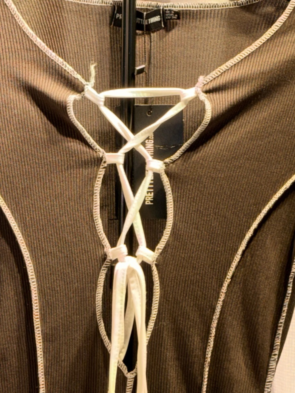 Brown Long Sleeve Lace-Up Ribbed Mini Dress with Contrast Stitching Bodycon Sz S - Picture 5 of 11